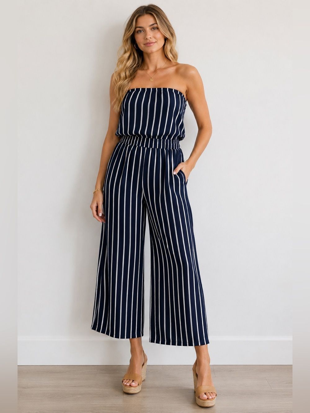 Navy Blue Striped Strapless Wide-Leg Jumpsuit